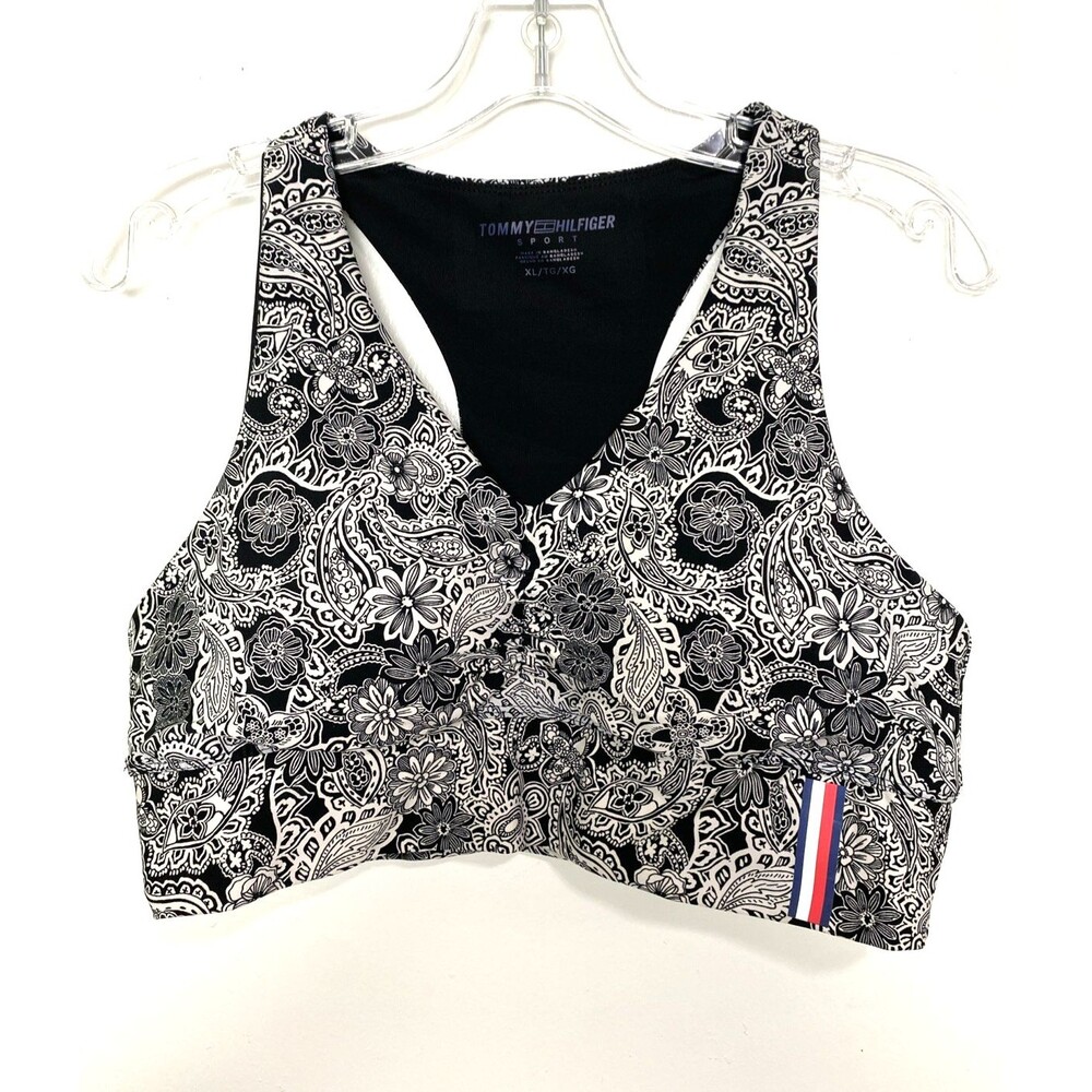 Tommy Hilfiger Women's Sports Bra Size XL Paisley Black White Padded Raceback